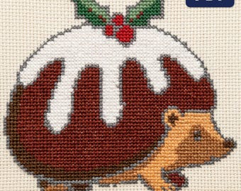 Patrón de punto de cruz de erizo, gráfico de pudín navideño, decoración navideña divertida de gran tamaño, PDF, descarga instantánea.