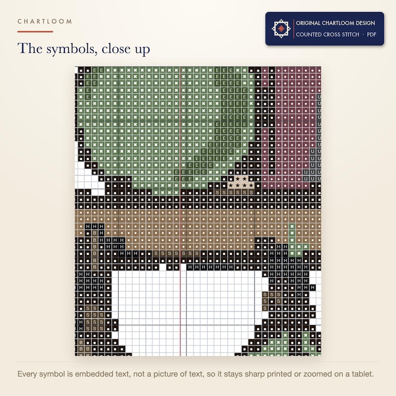 Close up of the printed symbols and grid on the an apothecary shelf wall cross stitch chart