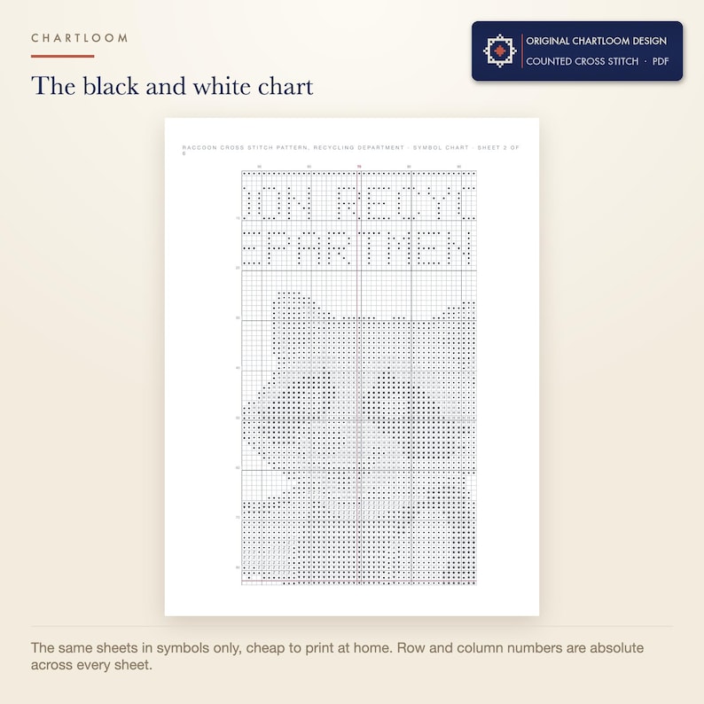The black and white symbol chart from the raccoon recycling department cross stitch pattern PDF, symbols only