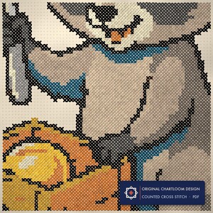 Close up of the raccoon recycling department cross stitch design worked stitch by stitch, every cross and thread colour visible