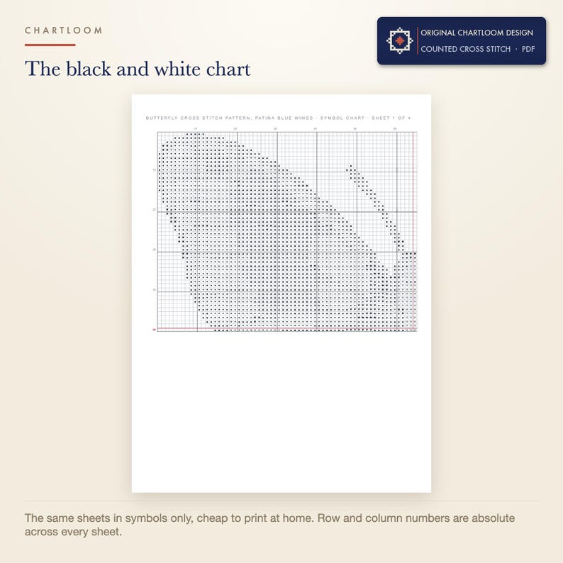 The black and white symbol chart from the a butterfly cross stitch pattern PDF, symbols only