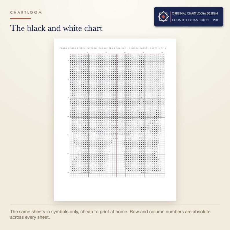 The black and white symbol chart from the panda cross stitch pattern PDF, symbols only