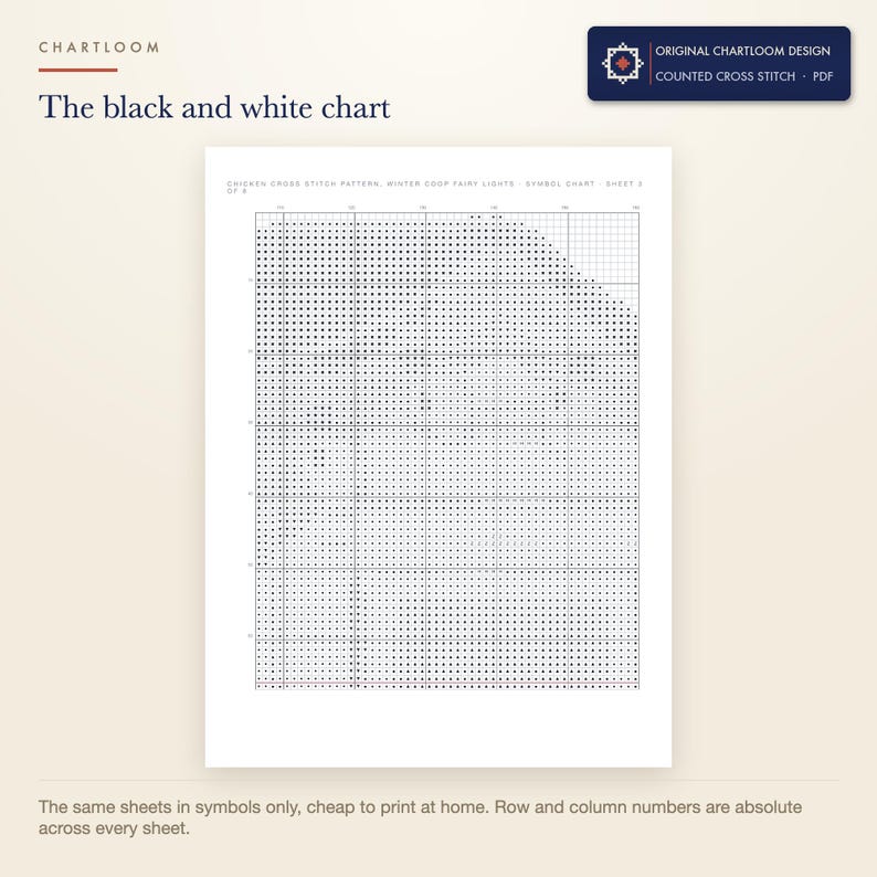 The black and white symbol chart from the hens before a winter coop cross stitch pattern PDF, symbols only