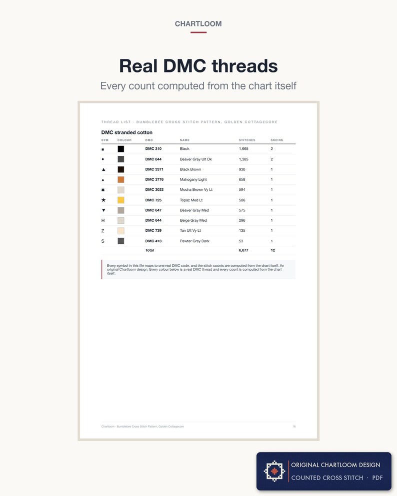 The thread list page showing real DMC numbers and stitch counts