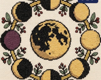 Patrón de punto de cruz de fases lunares, rueda del ciclo lunar botánico, gran gráfico celeste contado, PDF, descarga instantánea