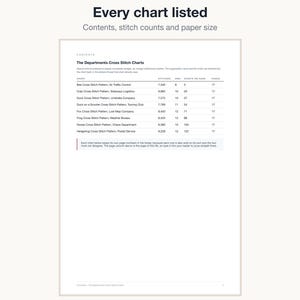 The contents page of the The Departments cross stitch bundle
