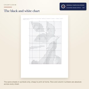 The black and white symbol chart from the a hummingbird cross stitch pattern PDF, symbols only