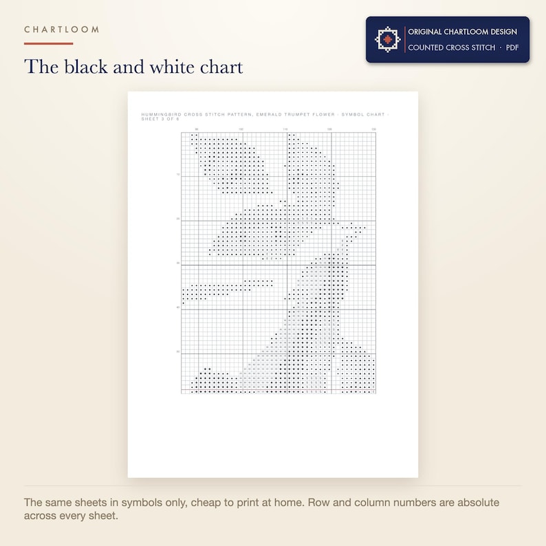 The black and white symbol chart from the a hummingbird cross stitch pattern PDF, symbols only