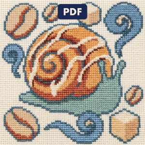 A finished snail cross stitch piece, stitched and framed on a wall