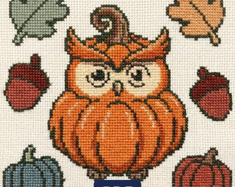 Pumpkin Owl Cross Stitch Pattern, Autumn Halloween Food Animal Decor (PDF Download)