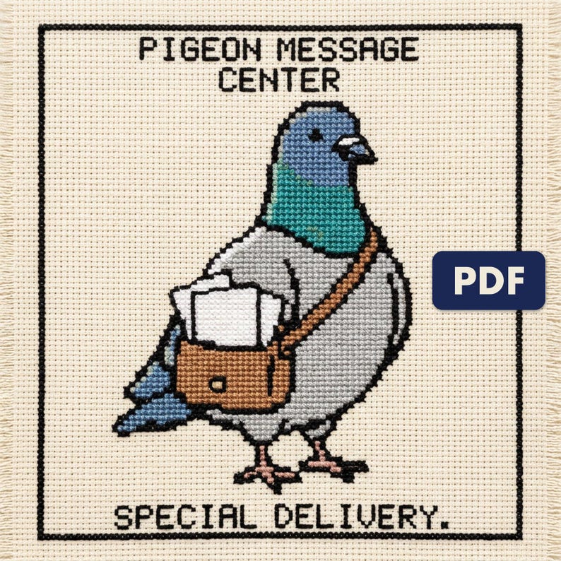 A finished pigeon message center cross stitch piece, stitched and framed on a wall