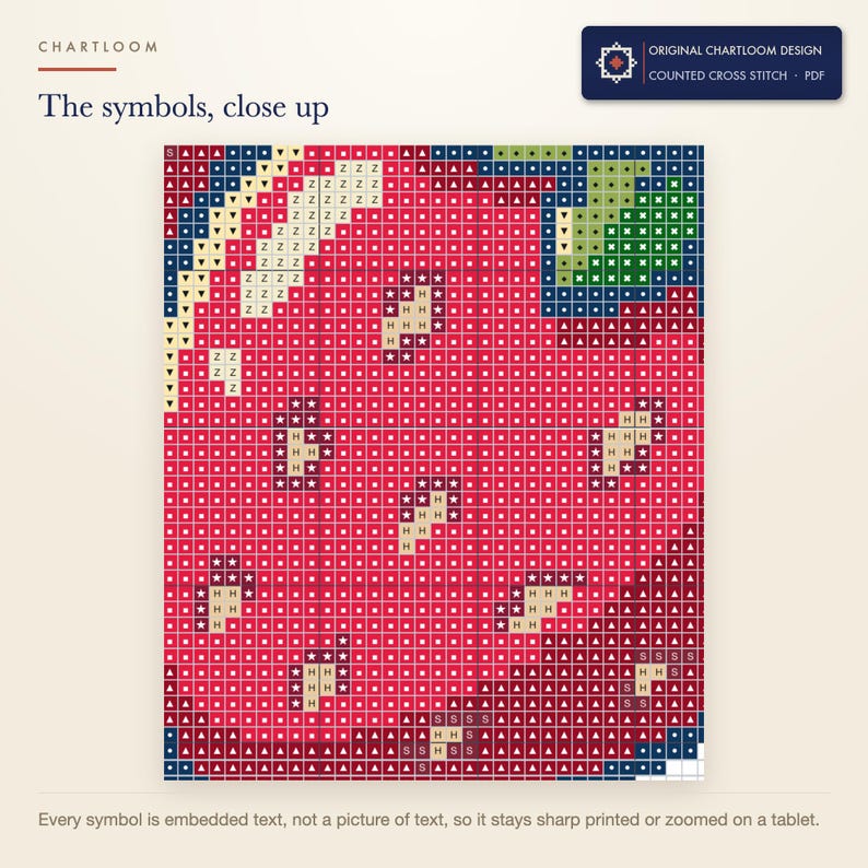 Close up of the printed symbols and grid on the strawberries cross stitch chart