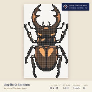stag beetle cross stitch chart shown as a colour preview with the stitch count and thread count