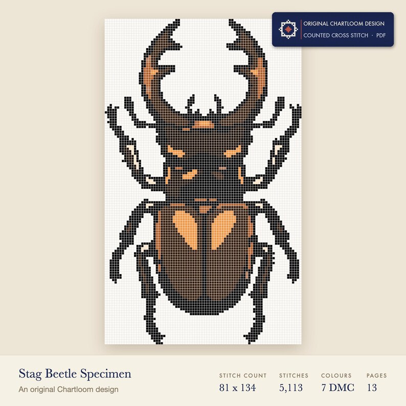 stag beetle cross stitch chart shown as a colour preview with the stitch count and thread count