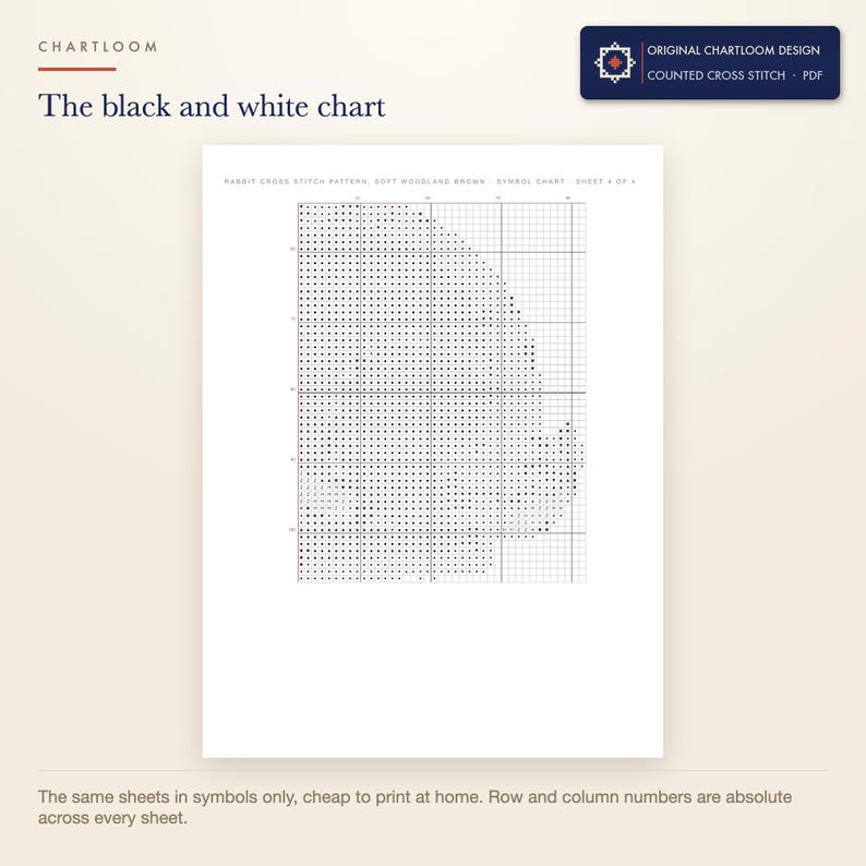 The black and white symbol chart from the a rabbit cross stitch pattern PDF, symbols only