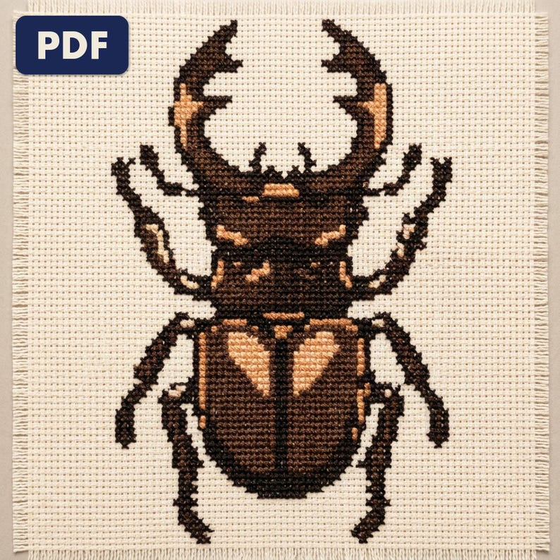 A finished stag beetle cross stitch piece, stitched and framed on a wall