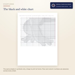 The black and white symbol chart from the a garden frog cross stitch pattern PDF, symbols only