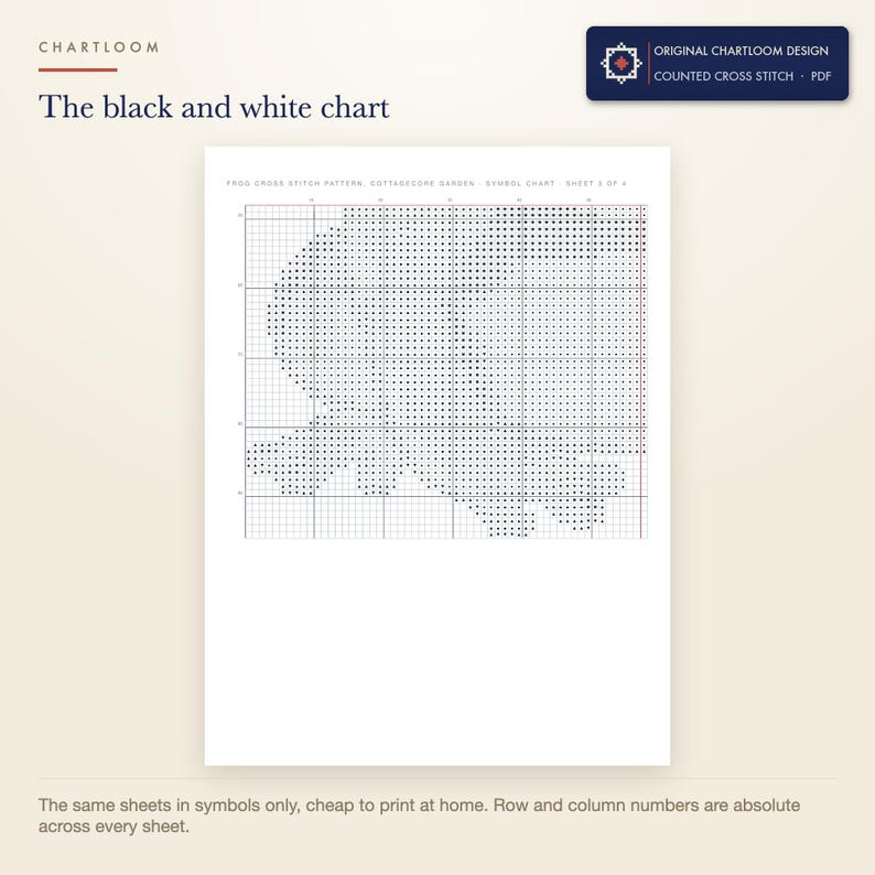 The black and white symbol chart from the a garden frog cross stitch pattern PDF, symbols only
