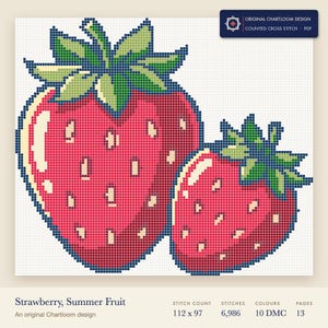 strawberries cross stitch chart shown as a colour preview with the stitch count and thread count