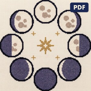 A finished ring of eight moon phases cross stitch piece, stitched and framed on a wall
