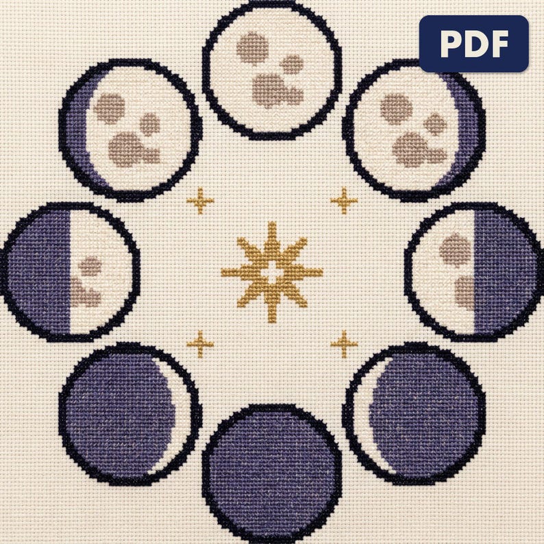 A finished ring of eight moon phases cross stitch piece, stitched and framed on a wall