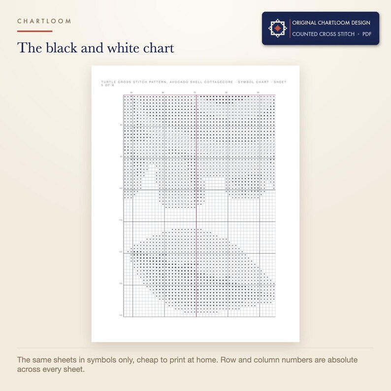The black and white symbol chart from the turtle cross stitch pattern PDF, symbols only