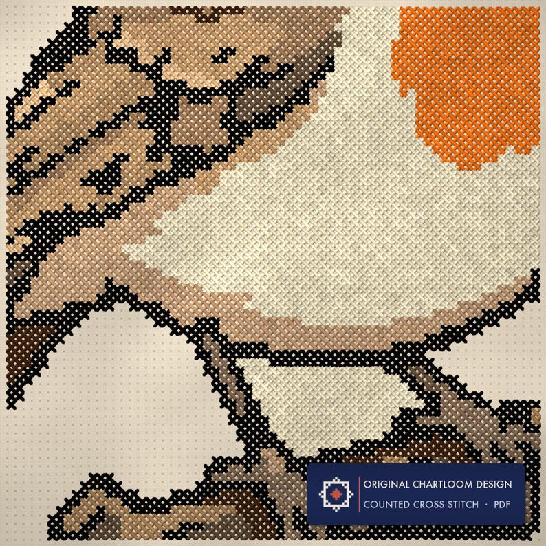 Close up of the a robin cross stitch design worked stitch by stitch, every cross and thread colour visible