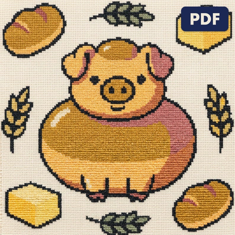 A finished pig cross stitch piece, stitched and framed on a wall