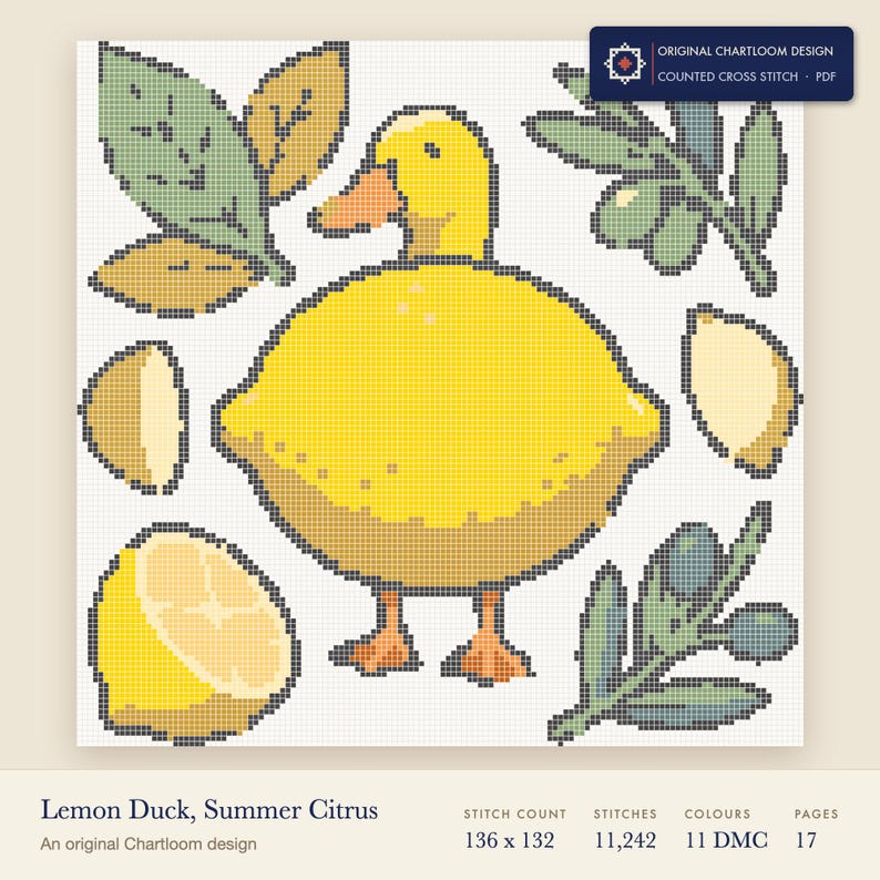 duck cross stitch chart shown as a colour preview with the stitch count and thread count