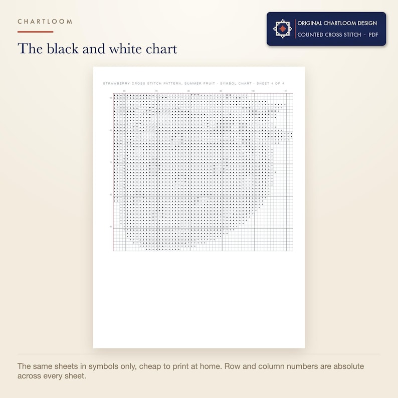 The black and white symbol chart from the strawberries cross stitch pattern PDF, symbols only