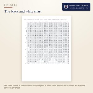The black and white symbol chart from the skull wreathed in roses cross stitch pattern PDF, symbols only