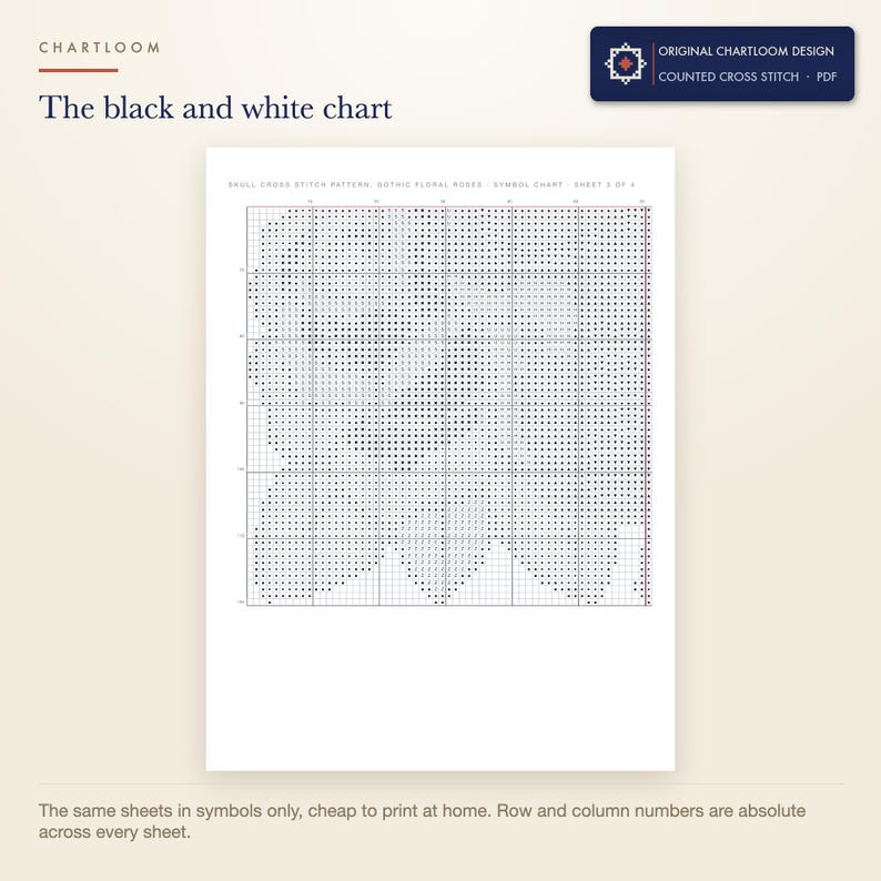 The black and white symbol chart from the skull wreathed in roses cross stitch pattern PDF, symbols only