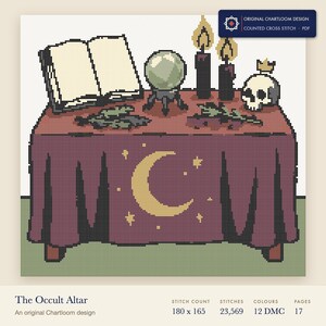 an occult altar cross stitch chart shown as a colour preview with the stitch count and thread count