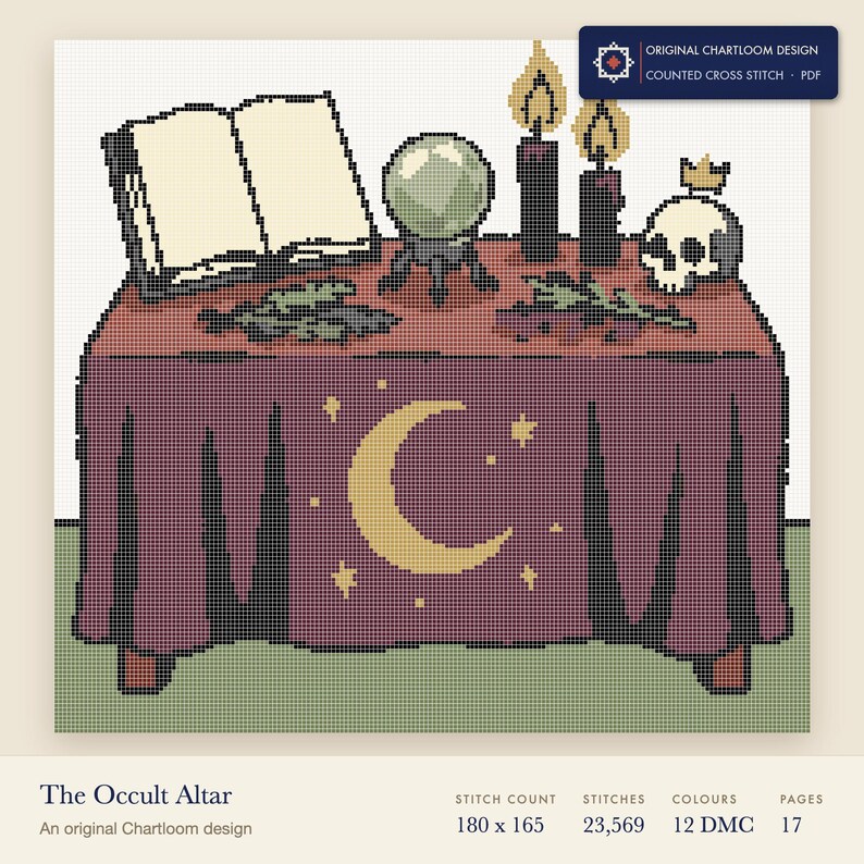 an occult altar cross stitch chart shown as a colour preview with the stitch count and thread count