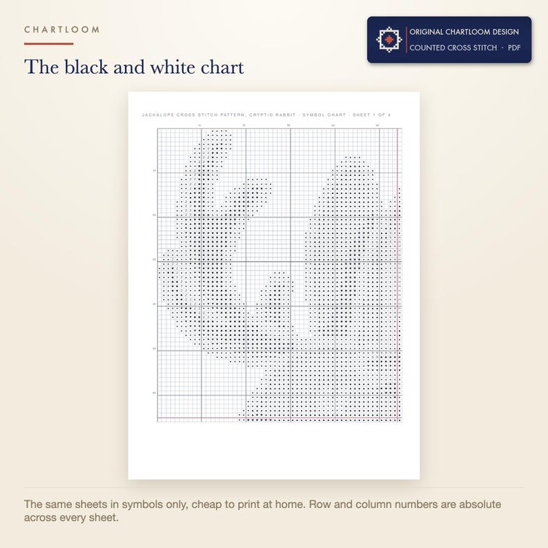 The black and white symbol chart from the jackalope cross stitch pattern PDF, symbols only
