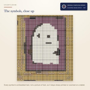Close up of the printed symbols and grid on the a gallery of ghost portraits cross stitch chart