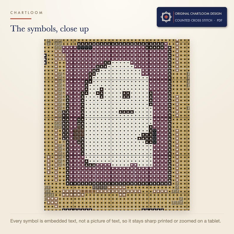 Close up of the printed symbols and grid on the a gallery of ghost portraits cross stitch chart