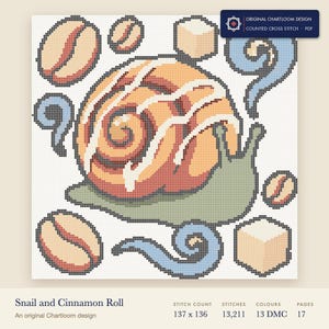snail cross stitch chart shown as a colour preview with the stitch count and thread count