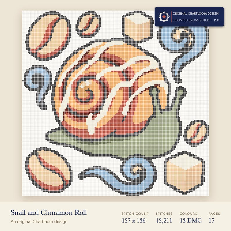snail cross stitch chart shown as a colour preview with the stitch count and thread count