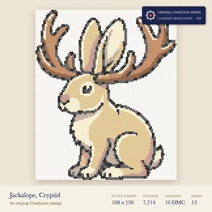 jackalope cross stitch chart shown as a colour preview with the stitch count and thread count