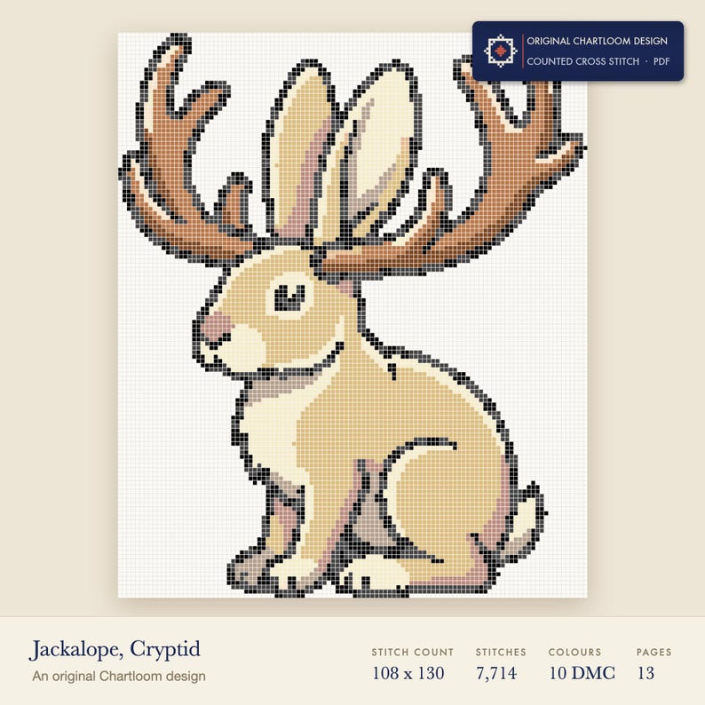 jackalope cross stitch chart shown as a colour preview with the stitch count and thread count