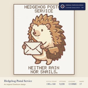 hedgehog postal service cross stitch chart shown as a colour preview with the stitch count and thread count