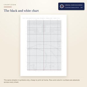 The black and white symbol chart from the tarot card of the moon cross stitch pattern PDF, symbols only