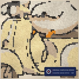 Close up of the duck touring club cross stitch design worked stitch by stitch, every cross and thread colour visible