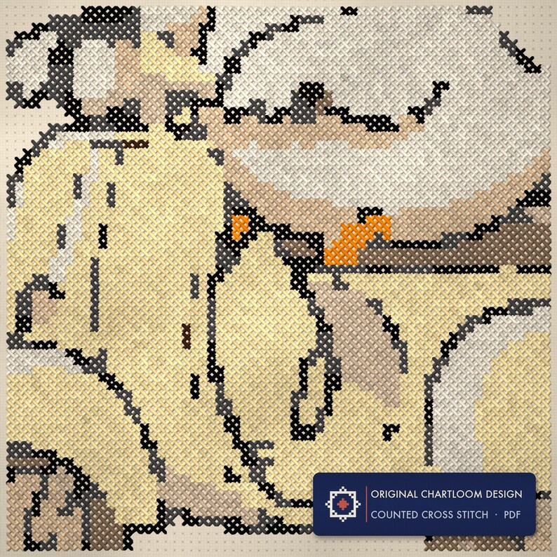 Close up of the duck touring club cross stitch design worked stitch by stitch, every cross and thread colour visible