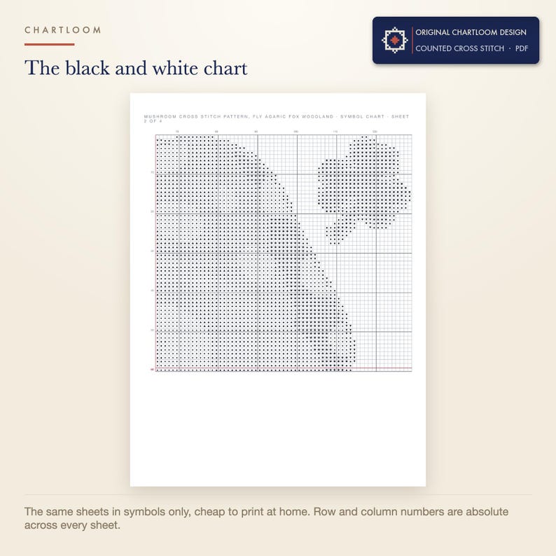 The black and white symbol chart from the fox cross stitch pattern PDF, symbols only