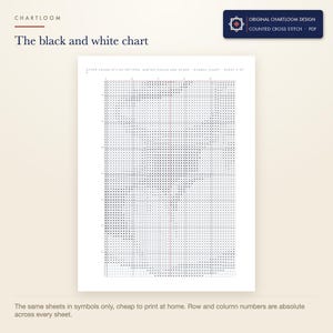 The black and white symbol chart from the an otter with a mug of cocoa cross stitch pattern PDF, symbols only
