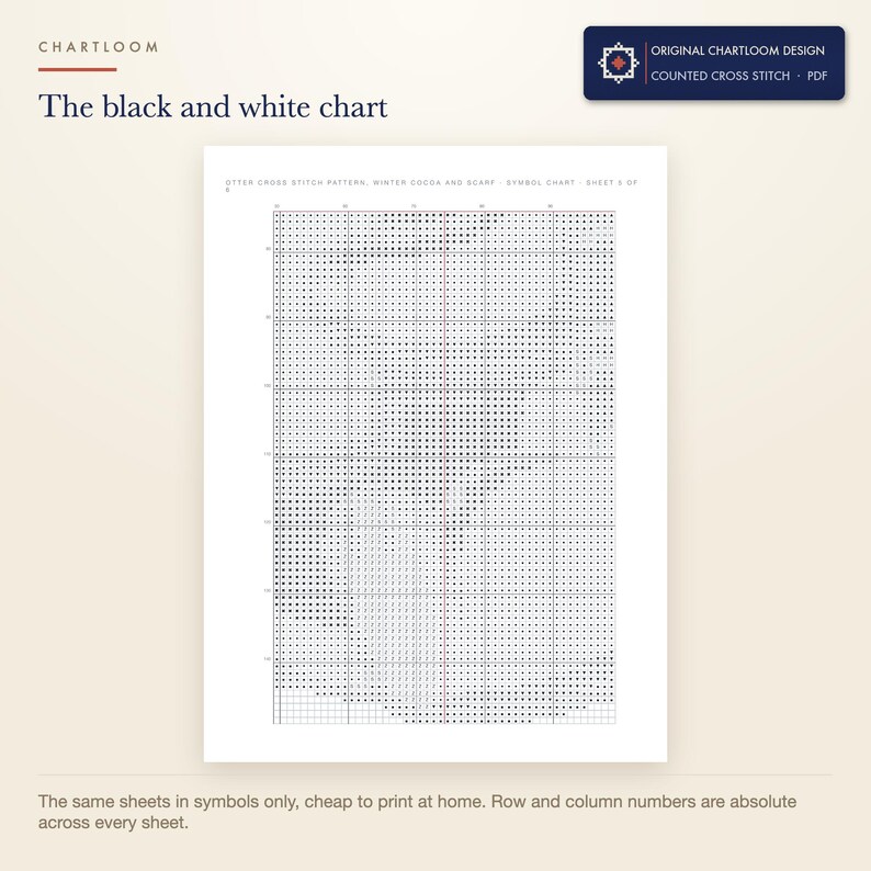 The black and white symbol chart from the an otter with a mug of cocoa cross stitch pattern PDF, symbols only