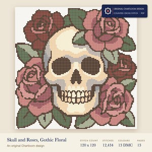 skull wreathed in roses cross stitch chart shown as a colour preview with the stitch count and thread count