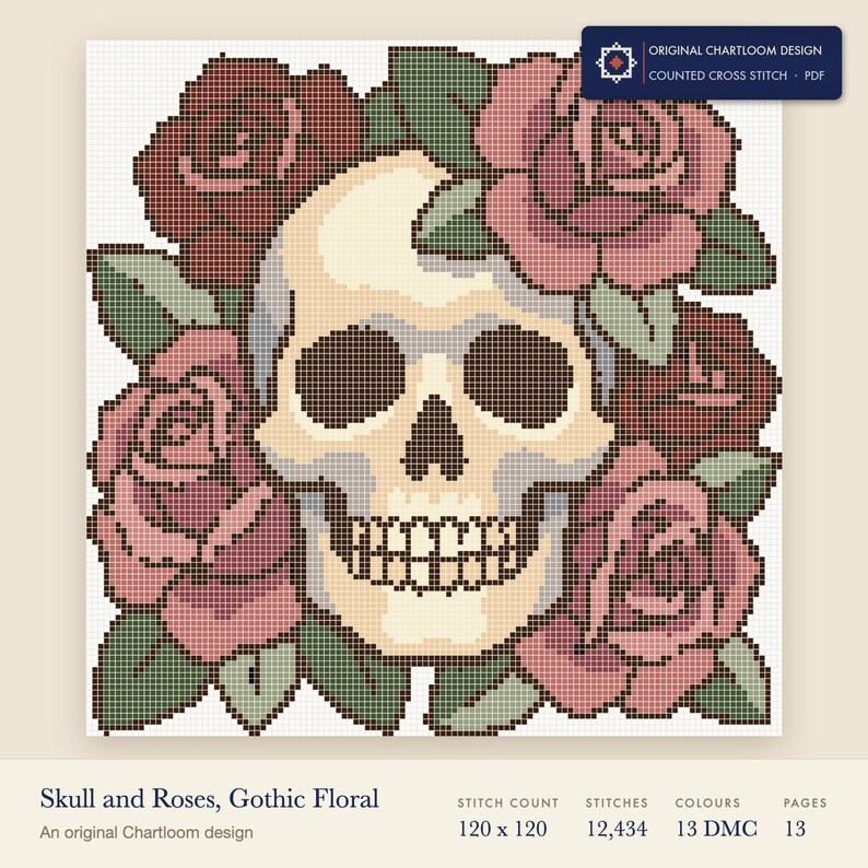 skull wreathed in roses cross stitch chart shown as a colour preview with the stitch count and thread count